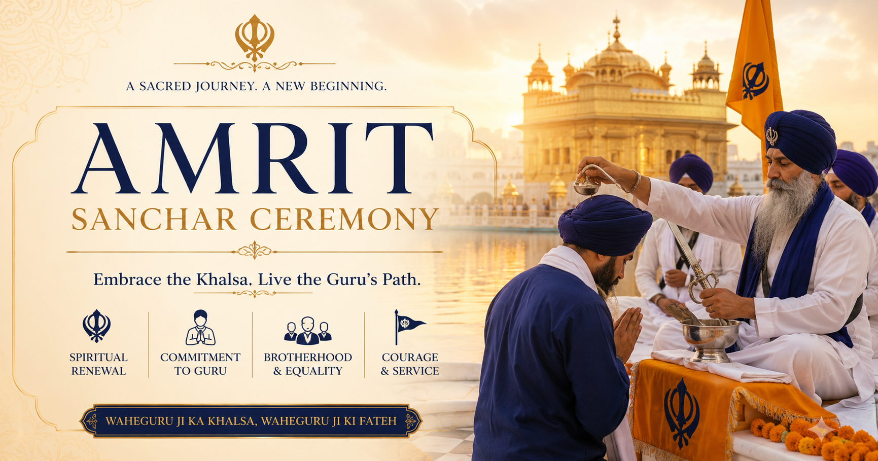 : Amrit Sanchar Ceremony promotional image showing Granthi administering Amrit outside Golden Temple Amritsar with Nishan Sahib flag and text Embrace the Khalsa Live the Guru's Path