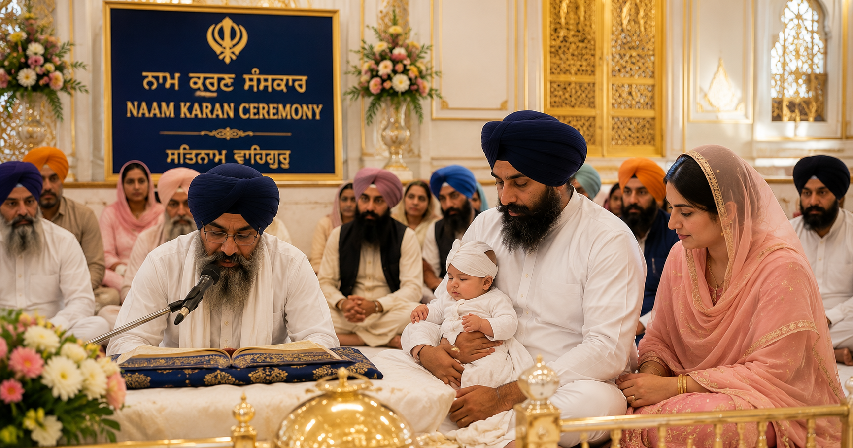 Granthi reading from Guru Granth Sahib Ji during Naam Karan Sankar ceremony with Sikh father holding baby and mother seated beside him in Gurdwara